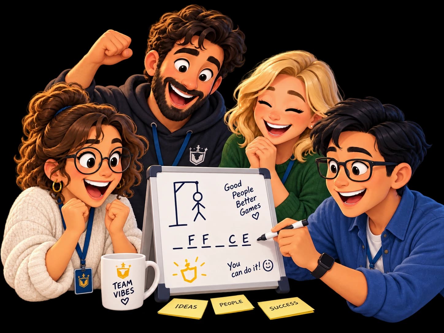 A team playing Hangman together