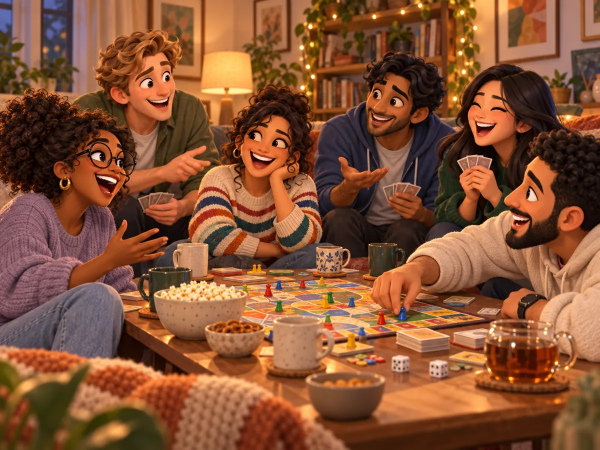 Friends playing a board game and cards on a cosy evening