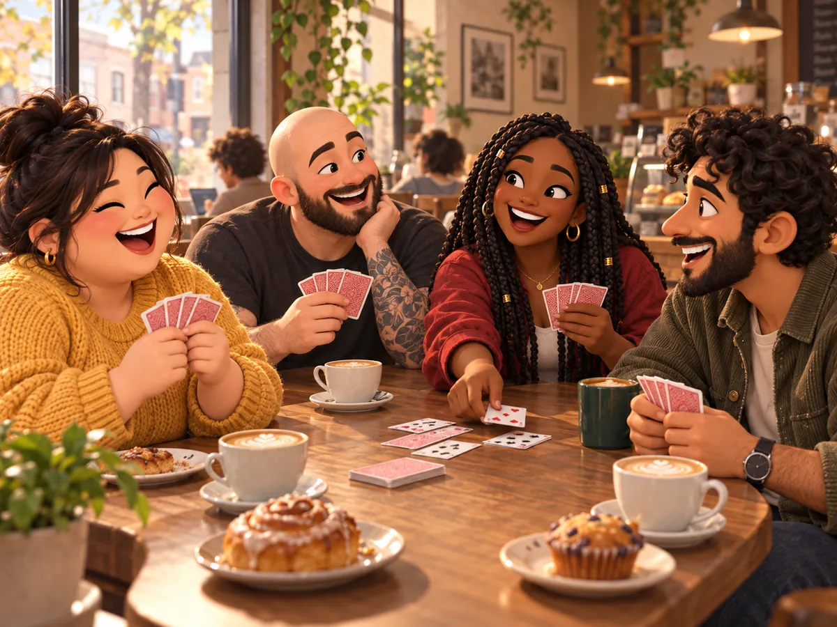 Four coworkers laughing over a card game at a café table