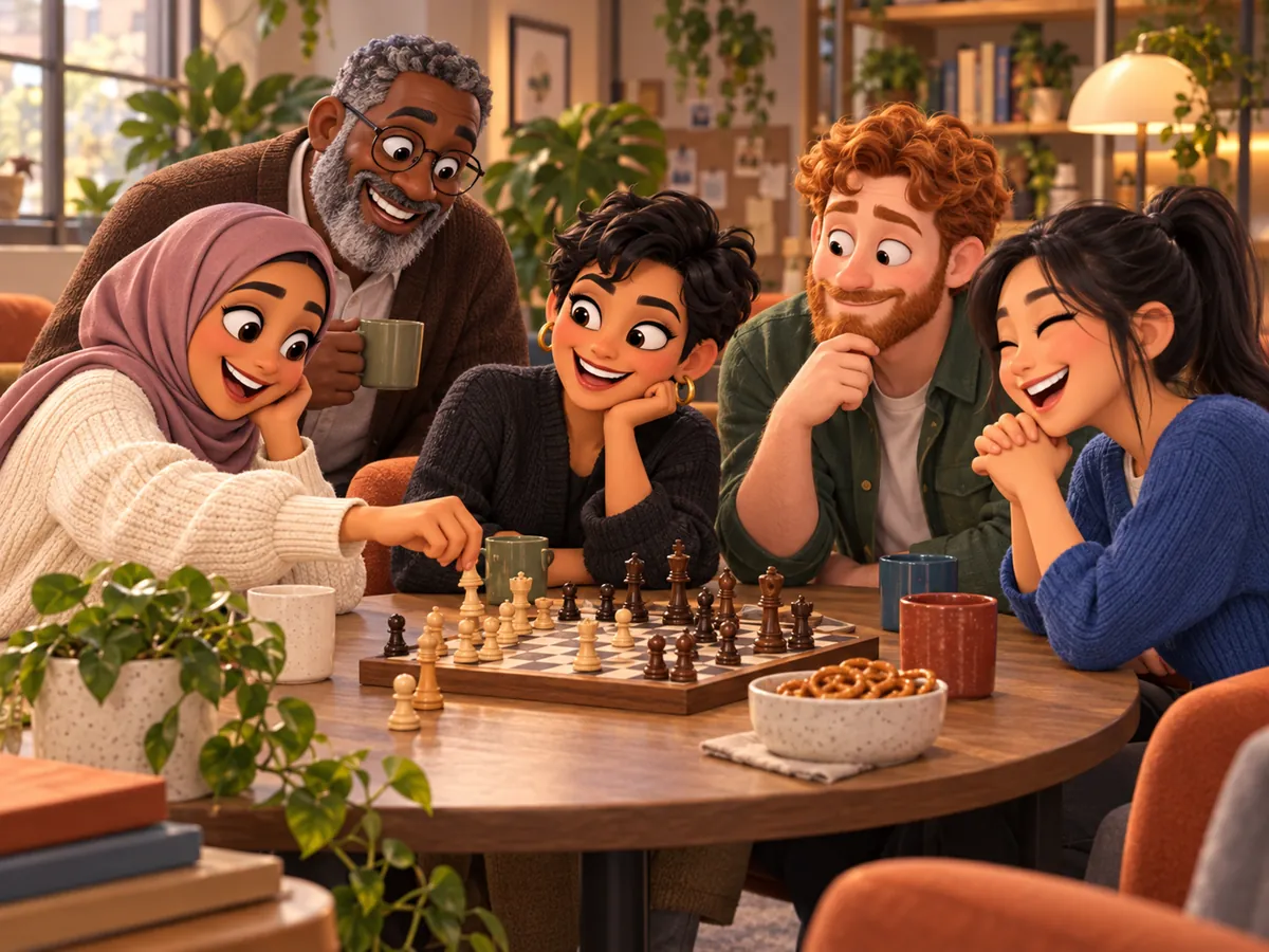 Colleagues gathered round a chess game in the office lounge