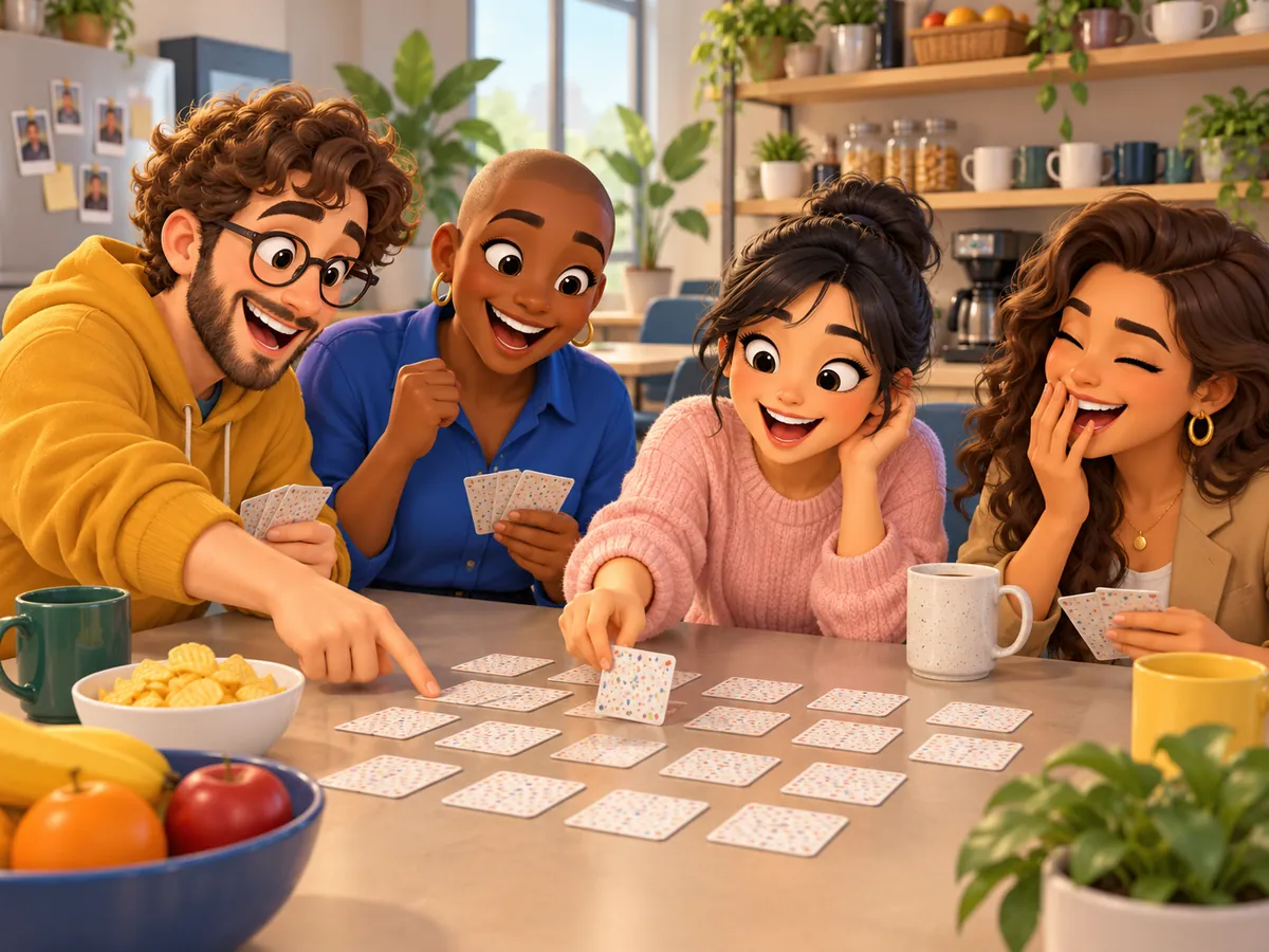Coworkers turning over memory cards on the break room table